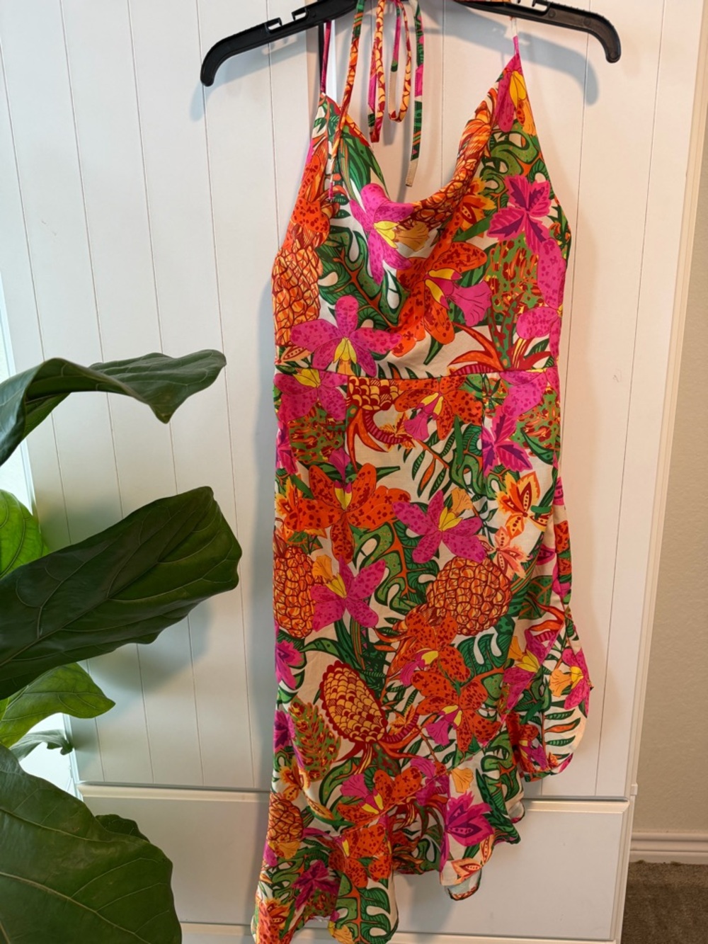 109- Tropical Floral Halter Dress - Bright Pink & Orange Print